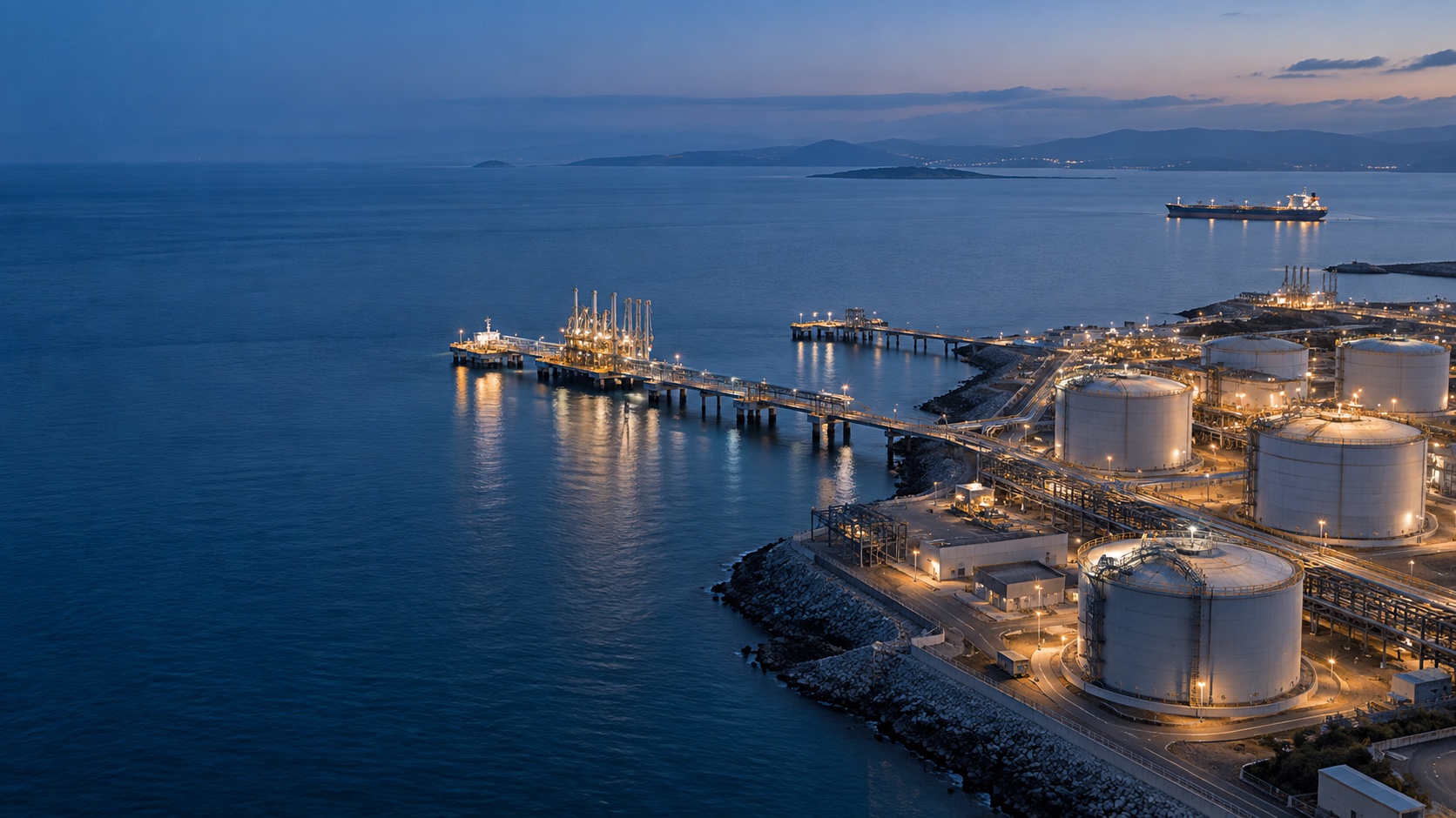Illustrative view of a coastal energy terminal at blue hour